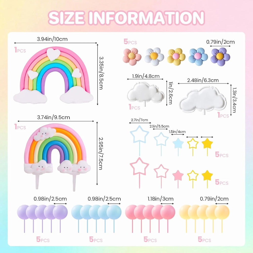 39 Pcs Rainbow Cake Topper, Rainbow Party Decorations with Pastel Ball Toppers and Daisy Flowers for Boho Birthday, Baby Shower Cake Decorations