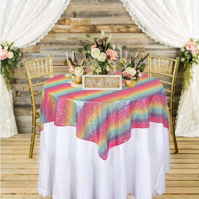 ShinyBeauty 36x36 Inch Rainbow Sequin Tablecloth - Sparkling Glitter Square Table Cover for Wedding Baby Shower Birthday Party Decor, Polyester Multicolor Iridescent Fabric Events & Celebrations