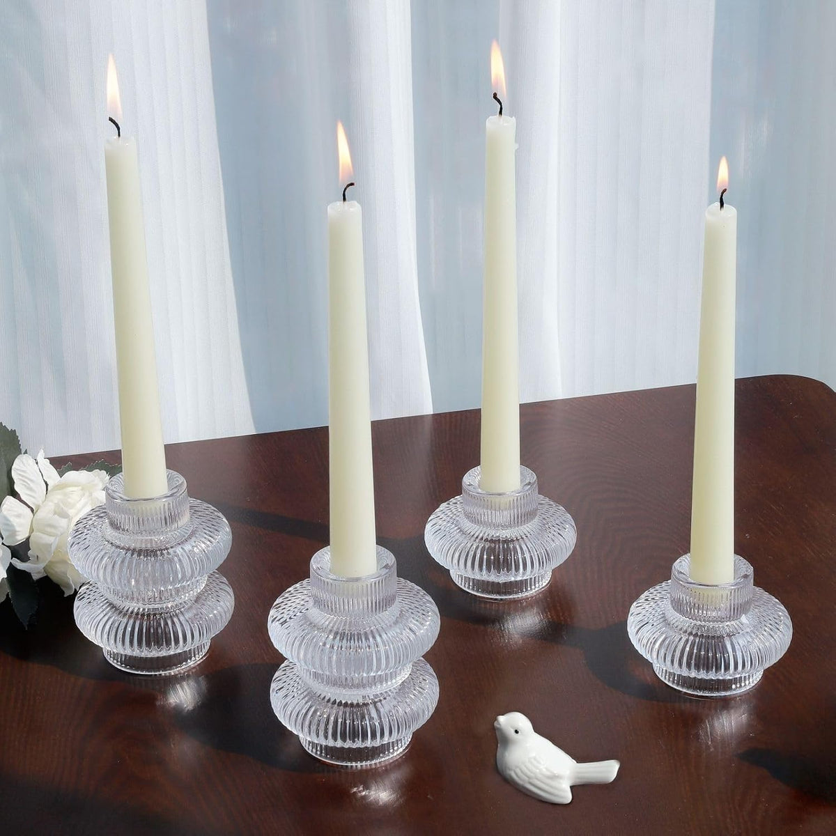 VOHO 12pcs Taper Candle Holders Ribbed Glass, Clear Candle Holder Stackable