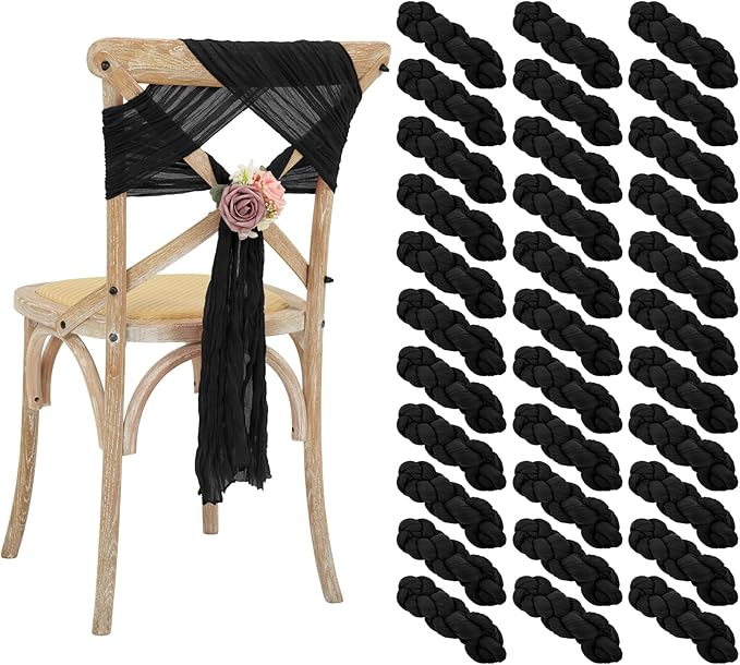 50 PCS Cheesecloth Chair Sashes Bows Wedding Aisle Decorations Chair Ribbon Ties Back Sash for Wedding Party Events Banquet Chair Cover Decoration (Black)