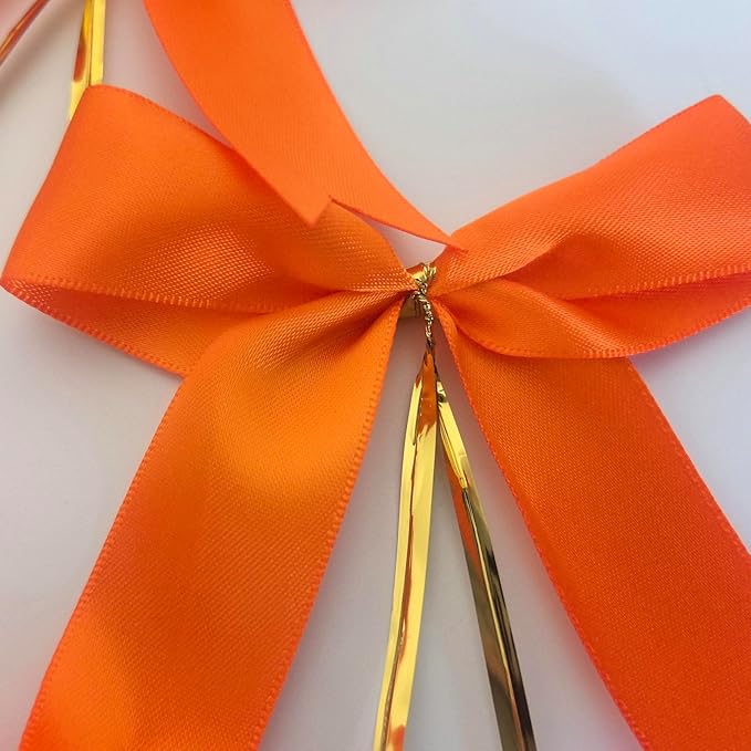 50pcs 3-1/2" Orange Twist Ties Satin Bows in Pumpkin Color Twist Tie Bows for Thanks Giving Halloween Wrapping Fish Tail Cutting(Orange)