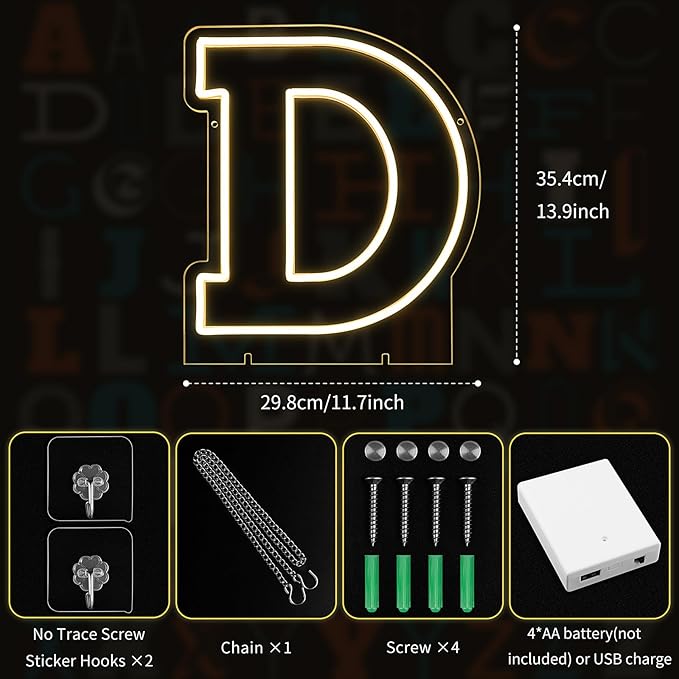 Light Up Letters D, Led Marquee Letter Lights Neon Sign, 13.9" Height Decorative Lighted Alphabet Number, Battery/USB Powered Led Letters Lights for Wedding, Birthday, Party, Christmas or Home Decor