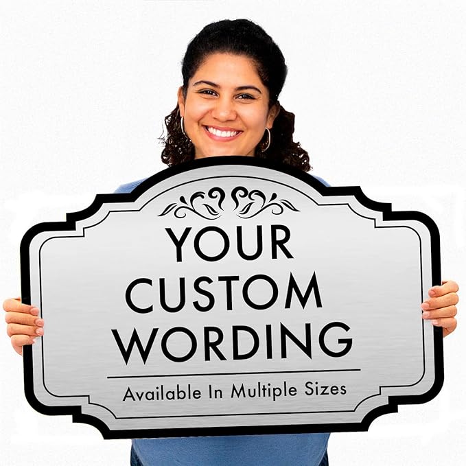 Custom Decorative Outdoor Metal Sign, Personalized Aluminum Driveway Sign - Waterproof, Made in USA - Design 2 Metallic Silver 14x10 In