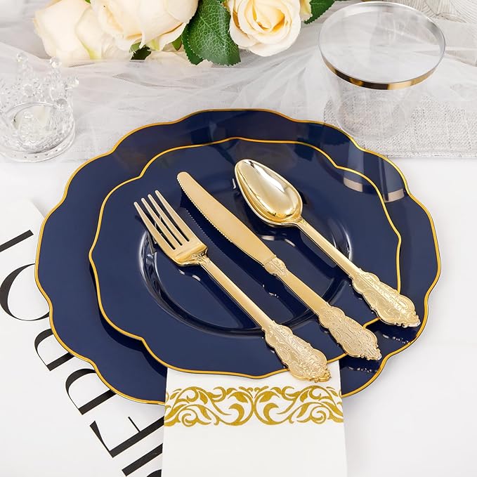 NOCCUR 175PCS Blue Plastic Plates with Disposable Silverware - Include 50 Blue Disposable Plates with Gold Rim,75 Gold Cutlery,25 Cups,25Napkins for Party/Hanukkah/Thanksgiving