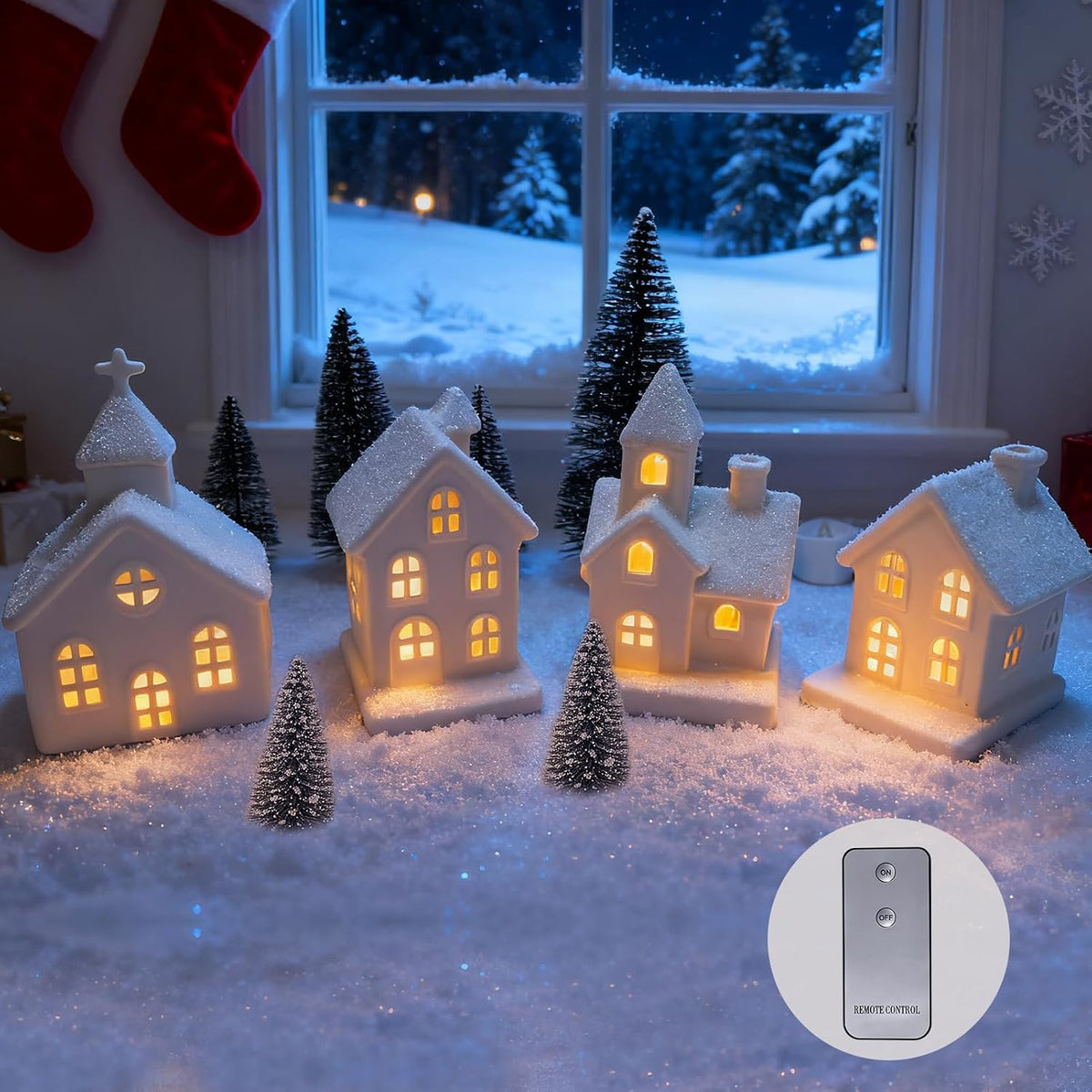 light up christmas village set of 4 lighted, side view