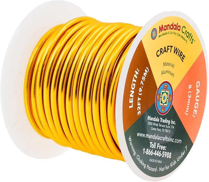 Mandala Crafts 8 Gauge Anodized Aluminum Craft Wire for Jewelry Making - 32 FT Colored Flexible Gold Wire - Bendable for Bonsai Armature Crafting Sculpting