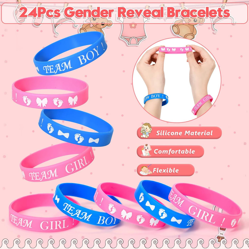 Winrayk Baby Gender Reveal Party Favors Supplies Ideas, Team Boy or Girl Pins Daddy and Mommy Badge Pin Silicone Bracelet Photo Prop Necklace, 104 Baby Shower Favors Pink Blue Gender Reveal Decor Game