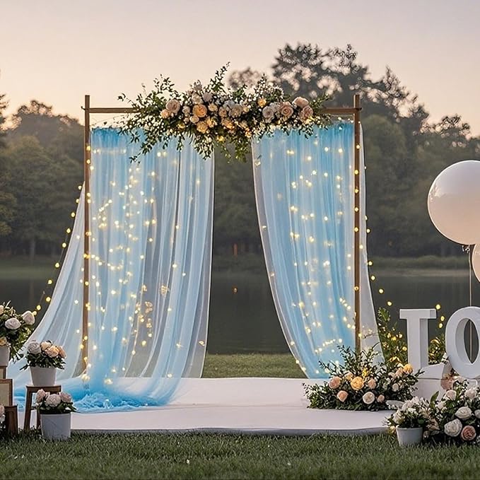 10×10ft Tulle Backdrop Curtains with Lights String - 300LED Fairy Lights Sheer Curtain Backdrop for Weddings Baby Shower and Birthday Party Decorations(4 Panels 5×10ft)