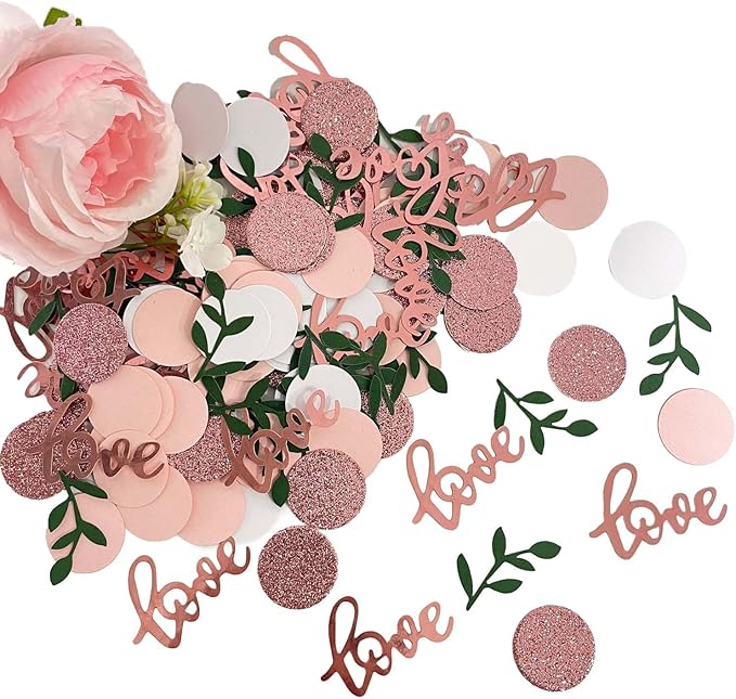 200 Pcs Rose Gold Glitter Wedding Table Confetti, Greenery Eucalyptus, Bridal Shower Decorations, Pink Love Confetti, Engagement Party Scatters