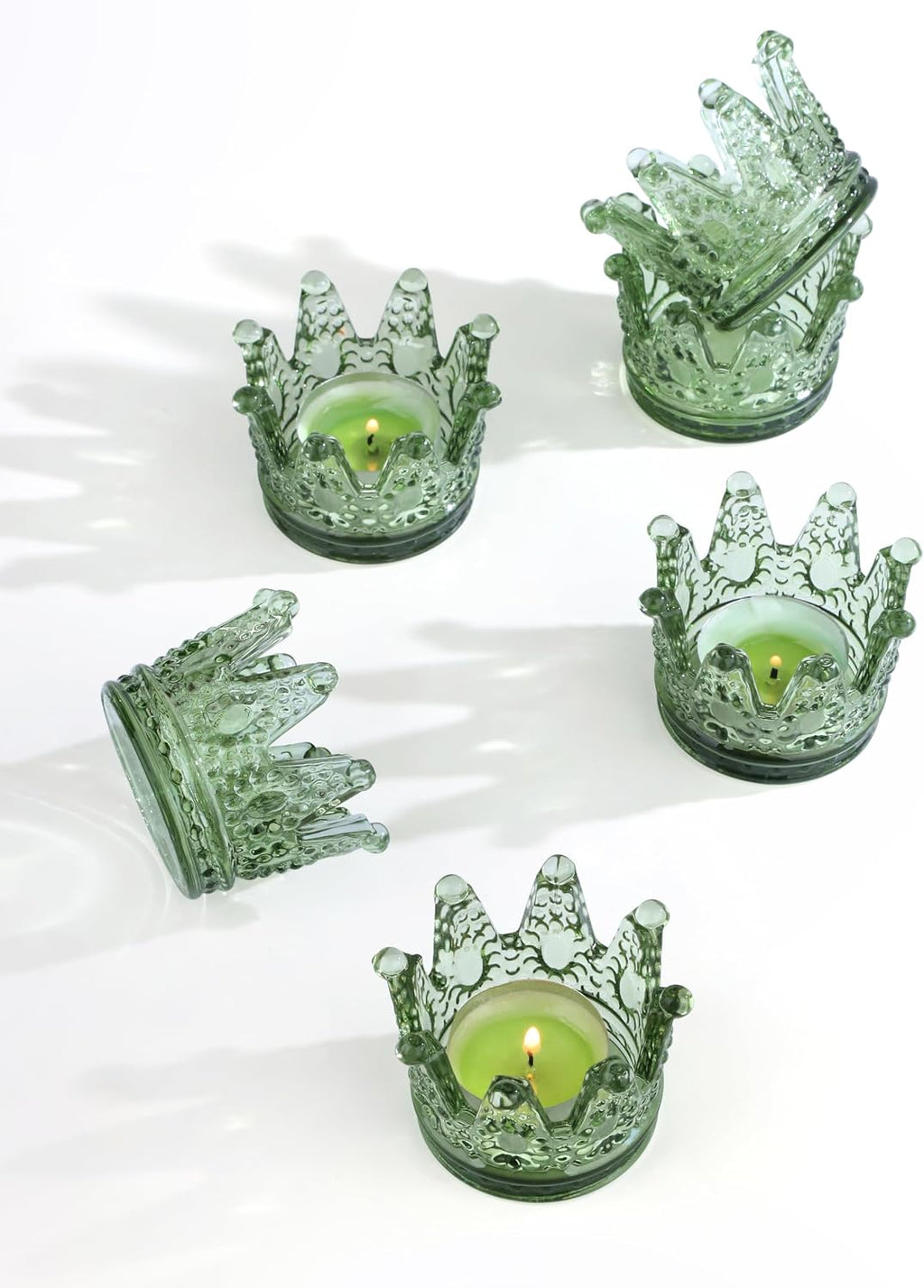 Vixdonos Votive Candle Holders Set of 6 Crown Glass Tealight Candle Holder for Wedding, Party and Home Decor(Green)
