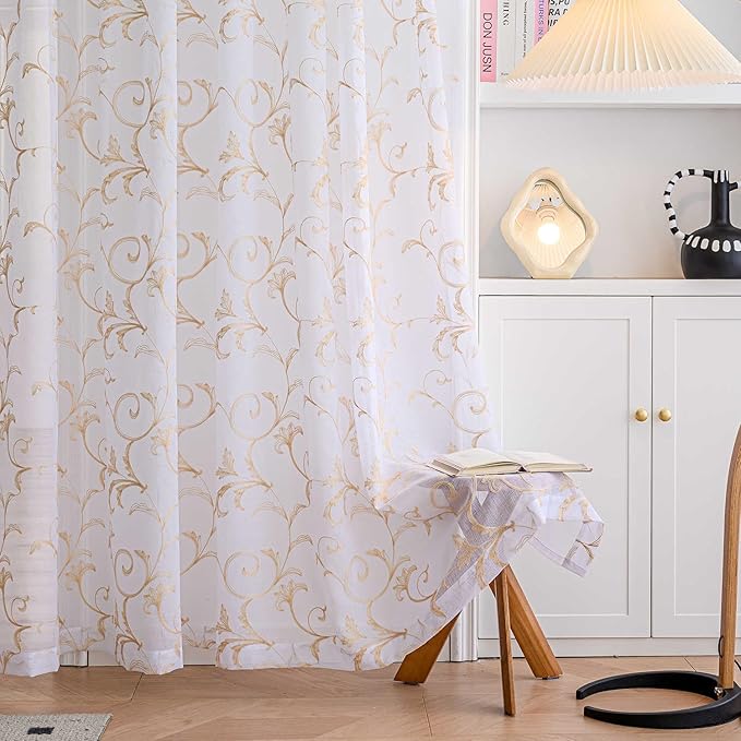 White Sheer Curtains 84 Inches Long, Rod Pocket Sheer Drapes for Living room, Bedroom, 2 Panels, 52"x84", Vintage Beige Floral Patterned Boho Window Curtains for Yard, Patio, Villa, Parlor.