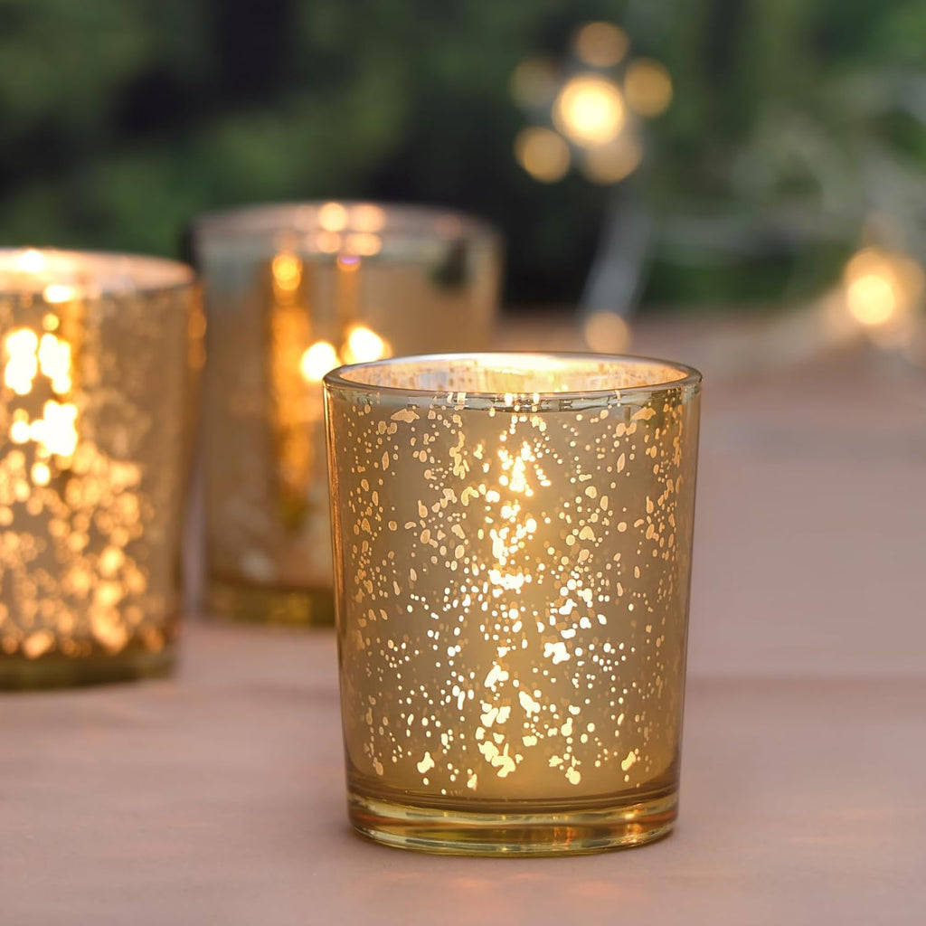 DARJEN 24 Pcs Gold Tea Lights Candles Holders for Wedding Centerpieces | Votive Candle Holders for Party Home Wedding Shower Decorations, Table - Mercury Glass Votives