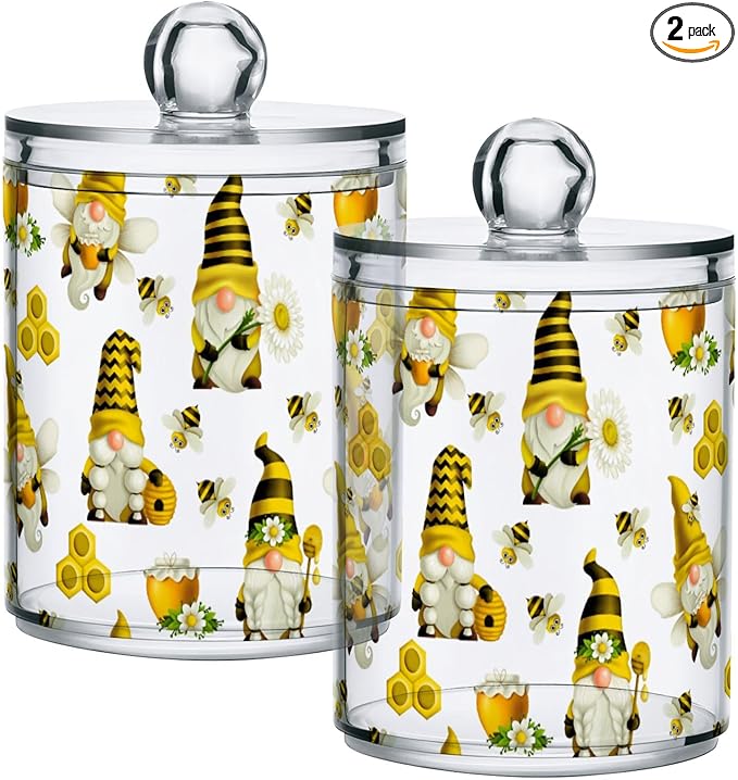 Qtip Holder Dispenser 2 Pack Gnome Bees Flying Dwarf Daisy Apothecary Jars with Lids Bathroom Vanity Countertop Canister Storage Organizer for Cotton Ball,Swabs,Pads,Floss