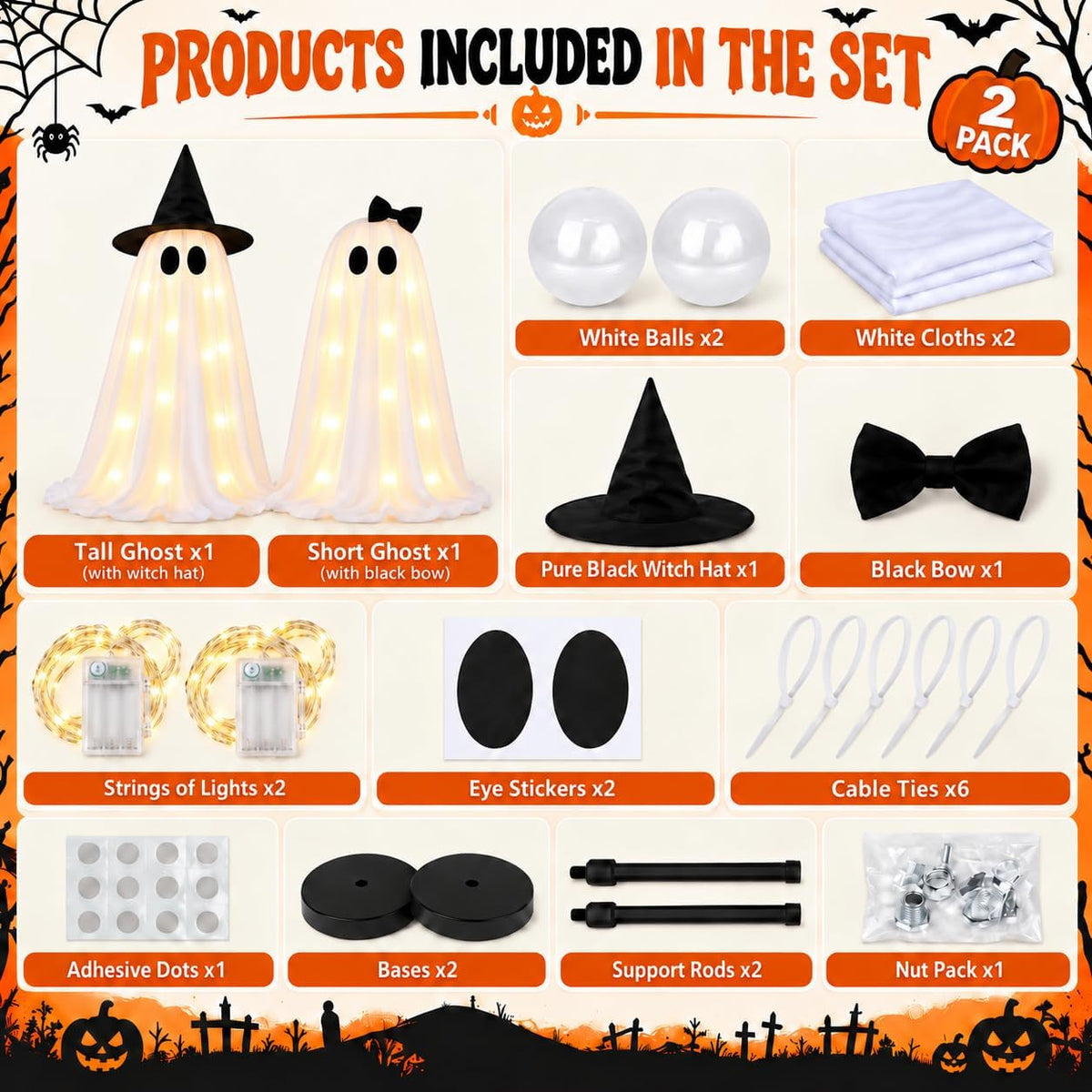 2 Pack Halloween Ghost Decorations Indoor Outdoor, Lighted Ghost Decor with W...