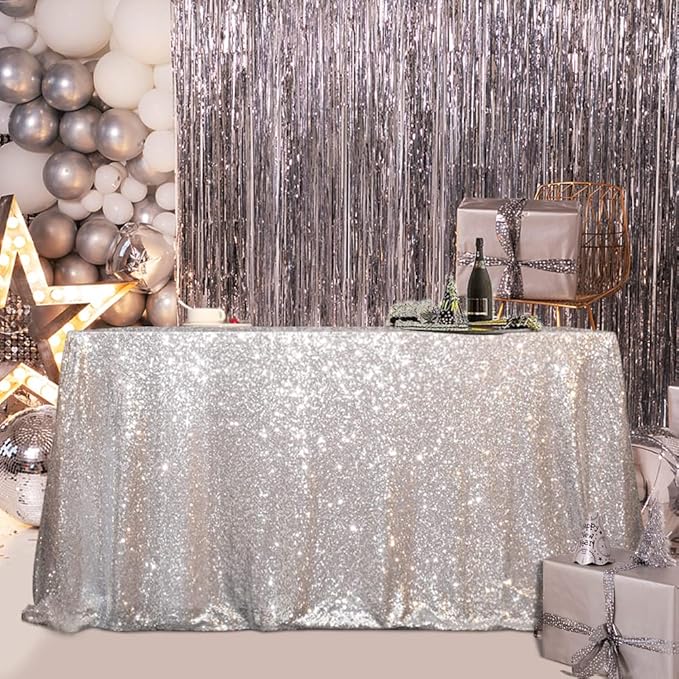 SquarePie Sequin Tablecloth 50 x 72 Inch Silver Sparkly Table Cloth for Wedding Party Decoration