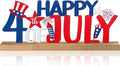 Happy 4th of July/Patriotic Metal Sign Rustic Table Decor Holiday Tiered Tray Decor with Wooden Base Freestanding Metal Word Sign for Home Tabletop Centerpiece Mantel Shelf Fireplace