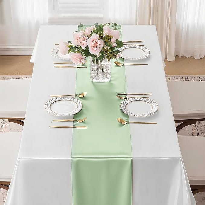 10 Pack Sage Green Satin Table Runner 12x108 Inches Long, Bright Silky Smooth Satin Table Runner Table Decor for Wedding Banquet Christmas Prom Event Birthday Party