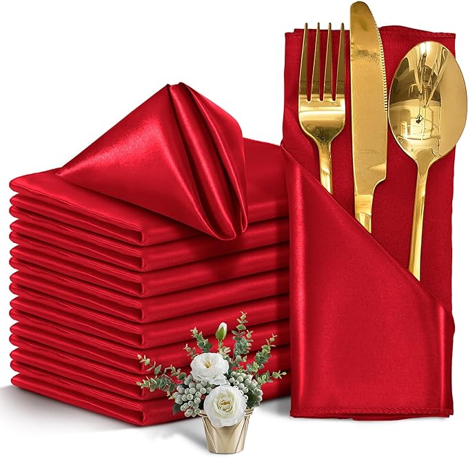 12 Pieces Red Satin Napkins, 17" x 17" Square Table Napkins, Silky Soft Smooth Washable Napkins for Restaurant, Weddings, Dinner, Party Decoration