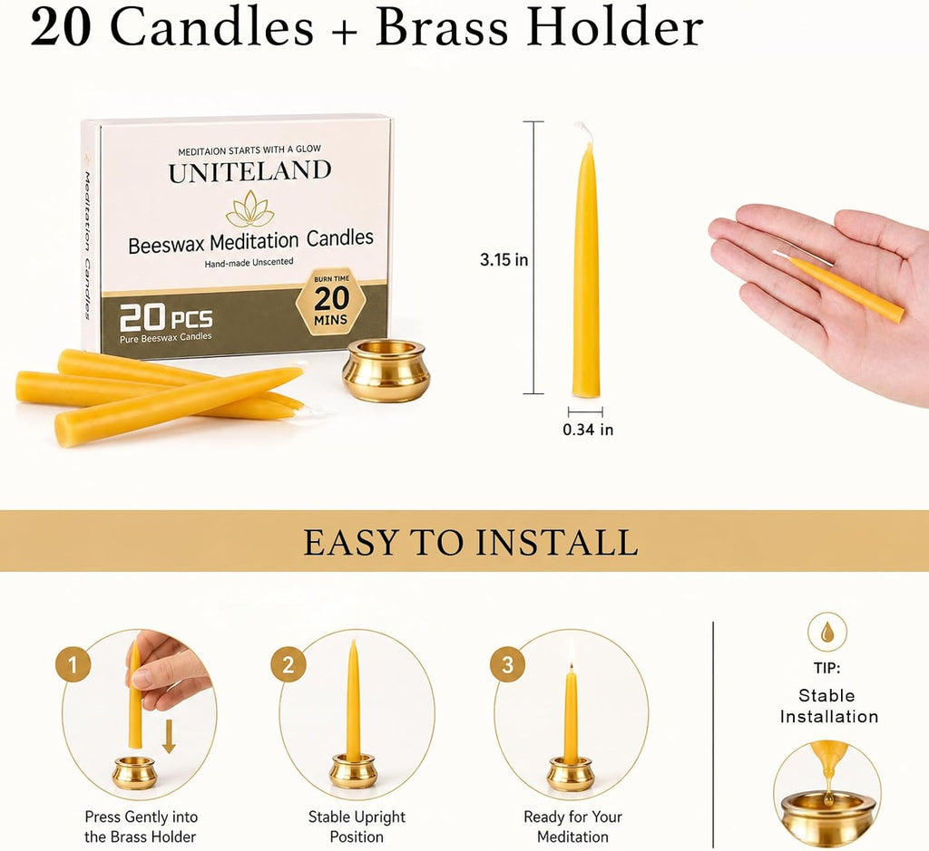 20 Pack Beeswax Meditation Candles, 3.15 Inch 20 Minute Candles with Holder | Dripless Beeswax Candles,Non Toxic Clean Burn Natural Unscented Small Chime Spell Prayer Candles for Birthday Shabbat Ritual