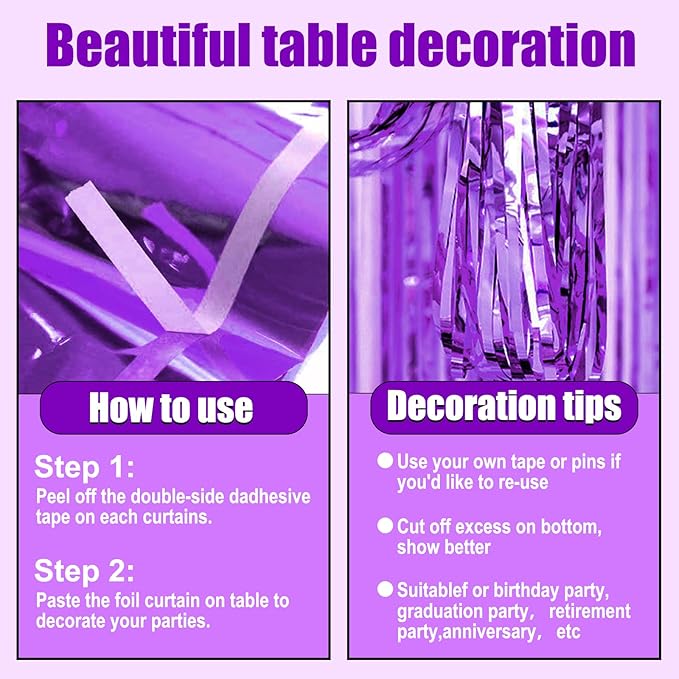 3 Pack 29 x108 Inch Purple Foil Fringe Table Skirts Metallic Banner for Tinsel Streamer Garland Backdrop for Parade Floats Wedding Thanksgiving Birthday Christmas Halloween New Year Party Decoration