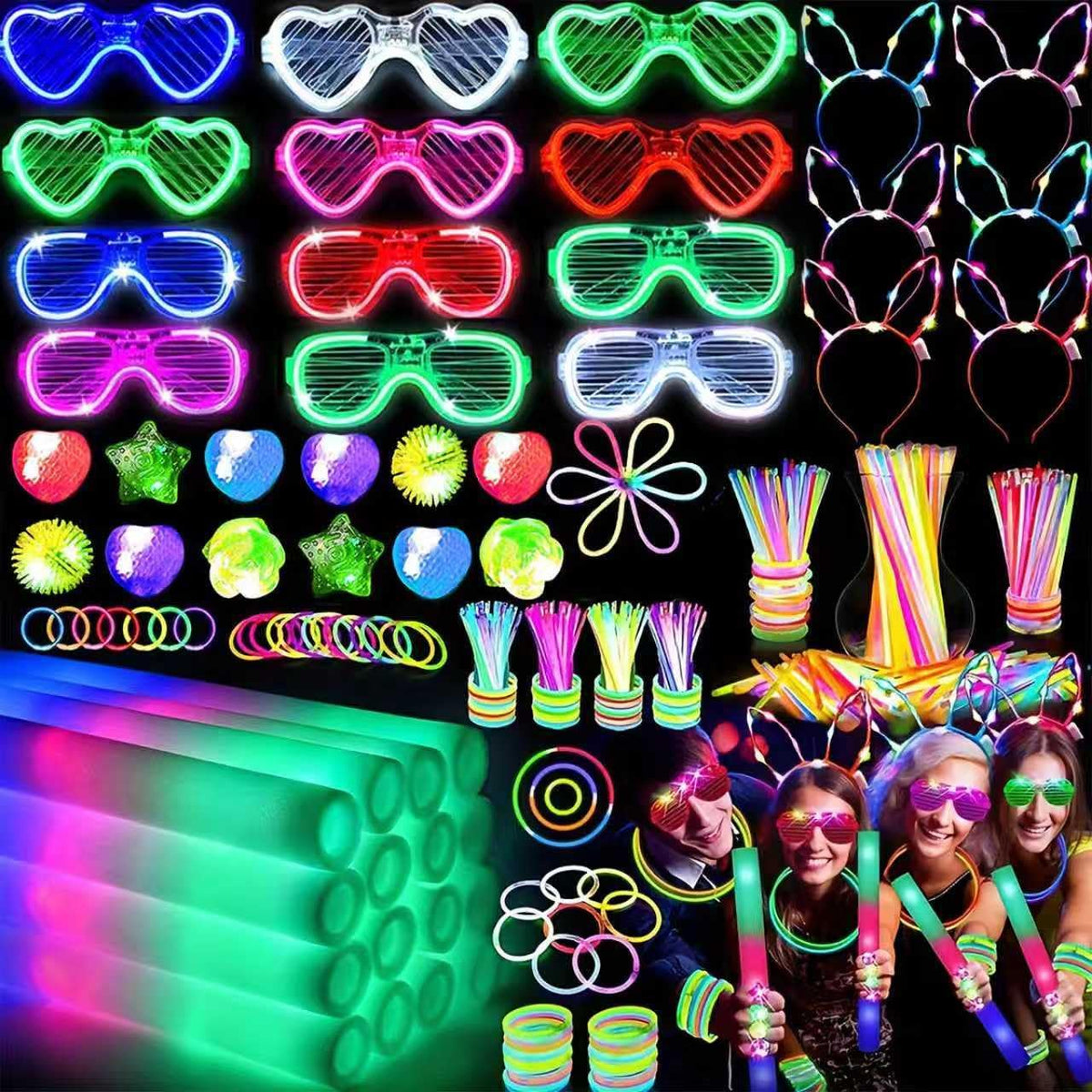 142 PCS Glow in the Dark Party Supplies, 12 Foam Sticks, 12PCS LED Glasses,6P...