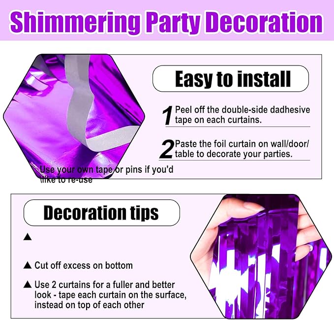 6 Pack Purple Foil Fringe Curtain Backdrop, 3.28Ft x 8.2Ft Metallic Tinsel Foil Fringe Streamer Curtains for Photo Booth, Birthday, Wedding, New Year Party Decorations