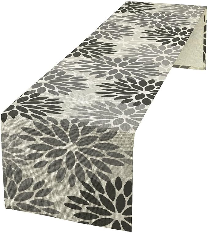 Gray Dahlia Flower Table Runner, Vintage Modern Linen Geometric Pattern Floral Table Runner Spring for Farmhouse Kitchen Dining Party Holiday Party, 13x36 Inch