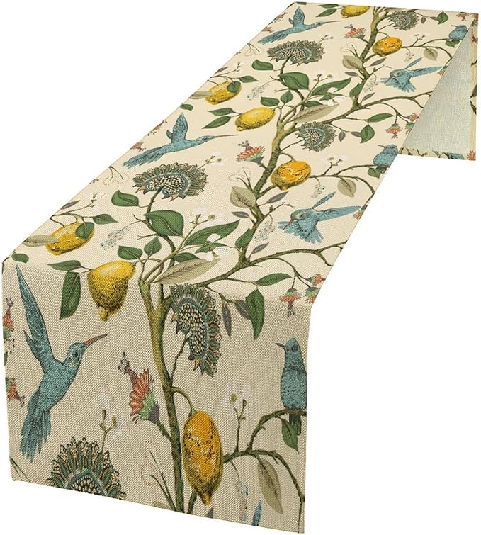 Table Runner with Flowers and Birds, Spring Plant Flowers Table Decoration Linen Table Runner Family Party Party Decorations 13x120 Inches