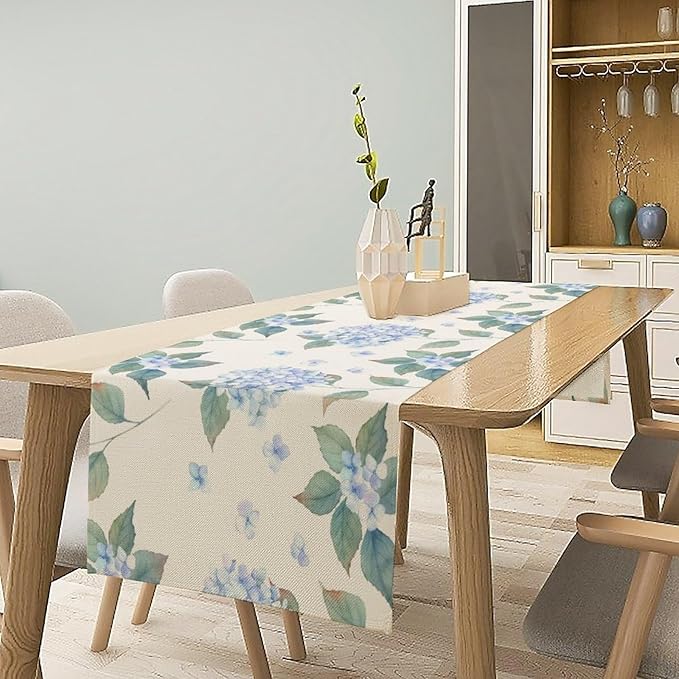 Spring Hydrangea Flower Table Runner, Seasonal Summer Plants Watercolor Blue Florals Dinner Runner for Home Kitchen Dining Table Party Holiday Decoration 13"x60"