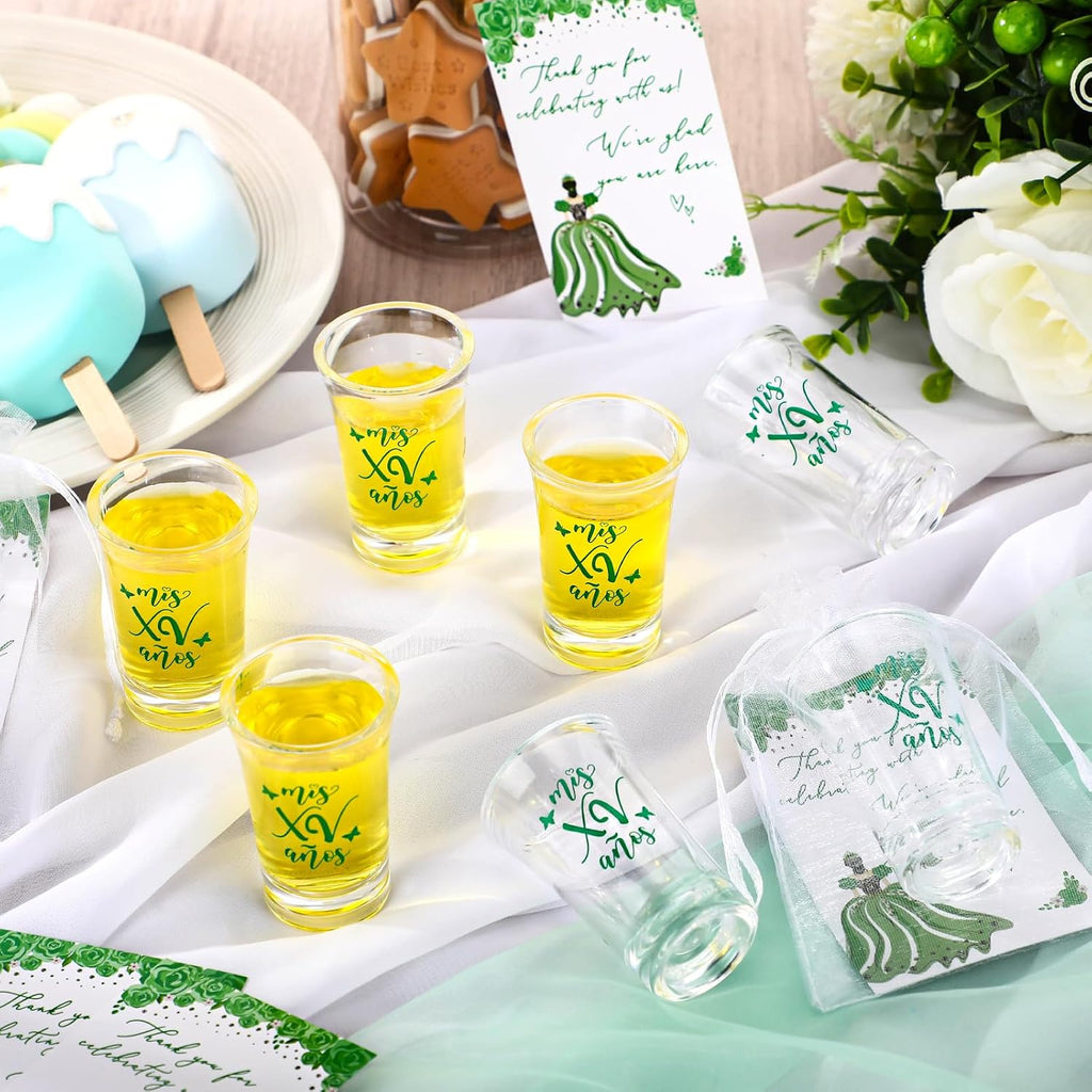 Havawish 50 Sets Quinceanera Party Favors for Guests Quinceanera Acrylic Clear Personalized Shot Glasses Thank You Cards with Organza Bags Mis Xv Años Sweet 15 Birthday Party Favors (Green)