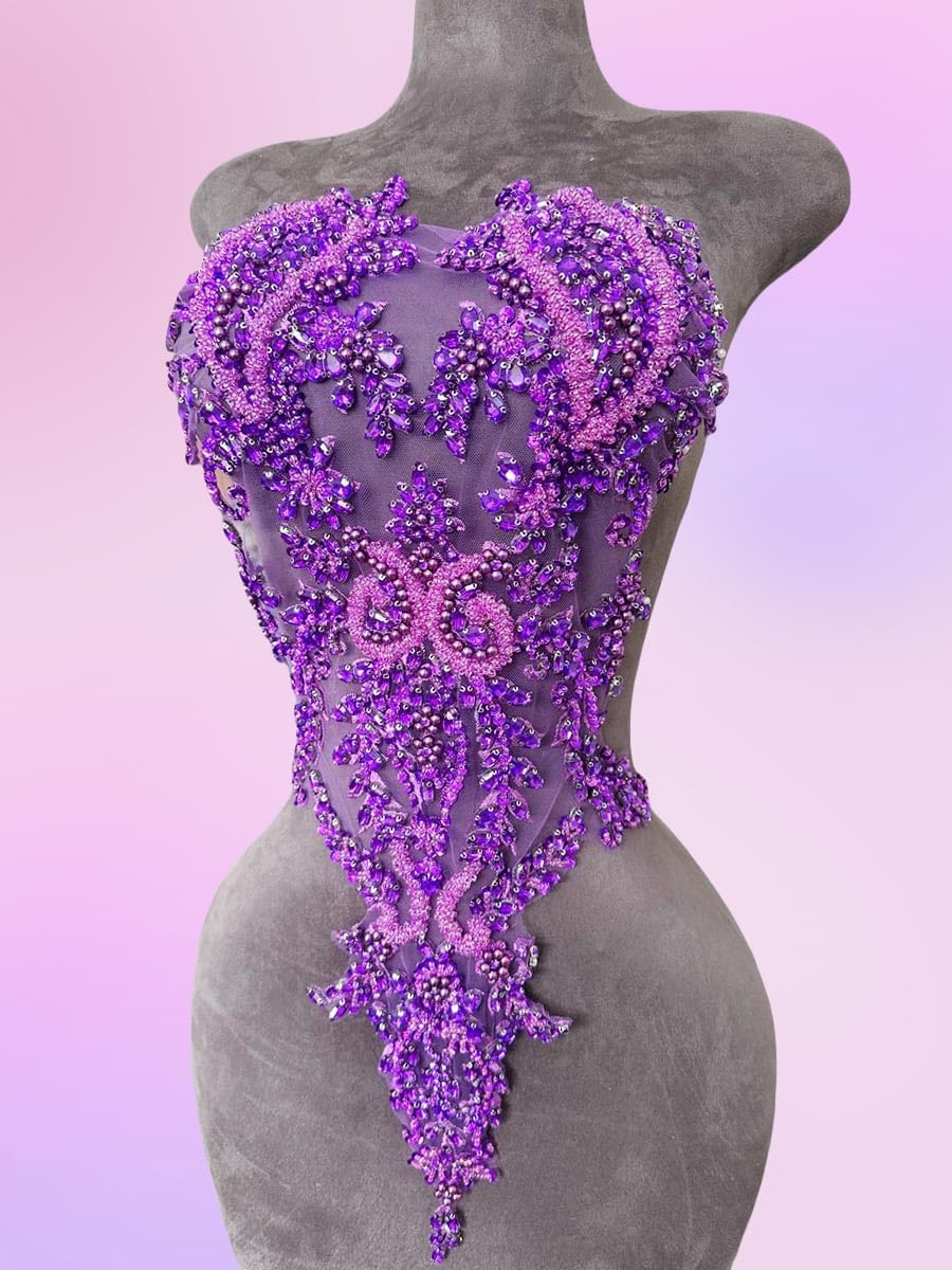 Handmade Rhinestones Lace Bodice Applique Sew on Beads Sequins Trimming Patch...