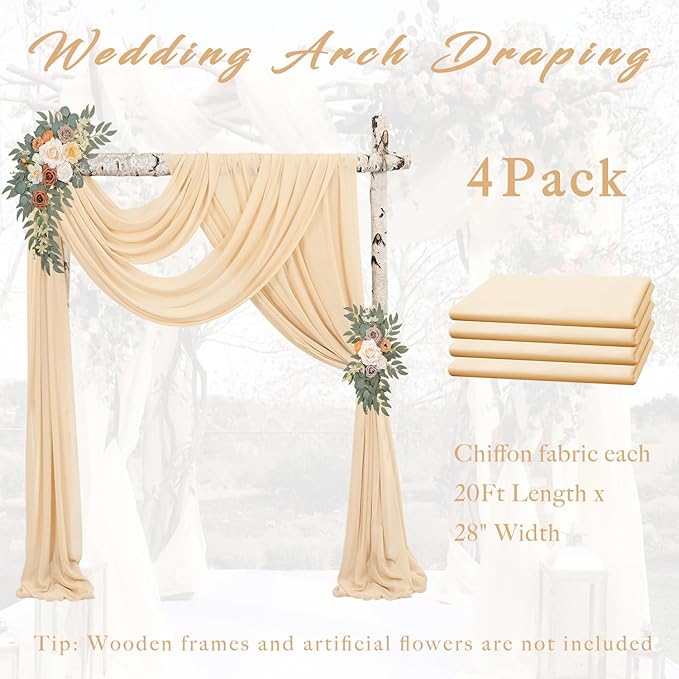 4 Panels Wedding Arch Draping Fabric 20Ft Length x 28" Width Champagne Arch Drapes Chiffon Fabric Sheer Curtains Backdrop for Party Bridal Decorations Wedding Ceremony Ceiling Stage Reception Decor