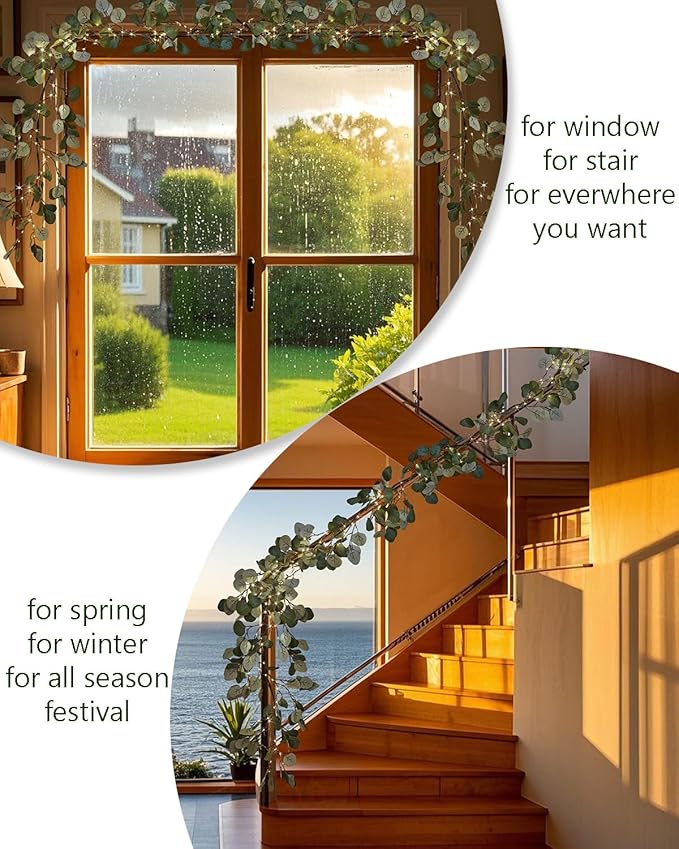 Fudios Lighted Twig Eucalyptus Garland 6FT 96 Warm White LED Battery Operated with Timer for Mantle Fireplace Wedding Party Spring Bedroom Decoration Indoor Outdoor Use
