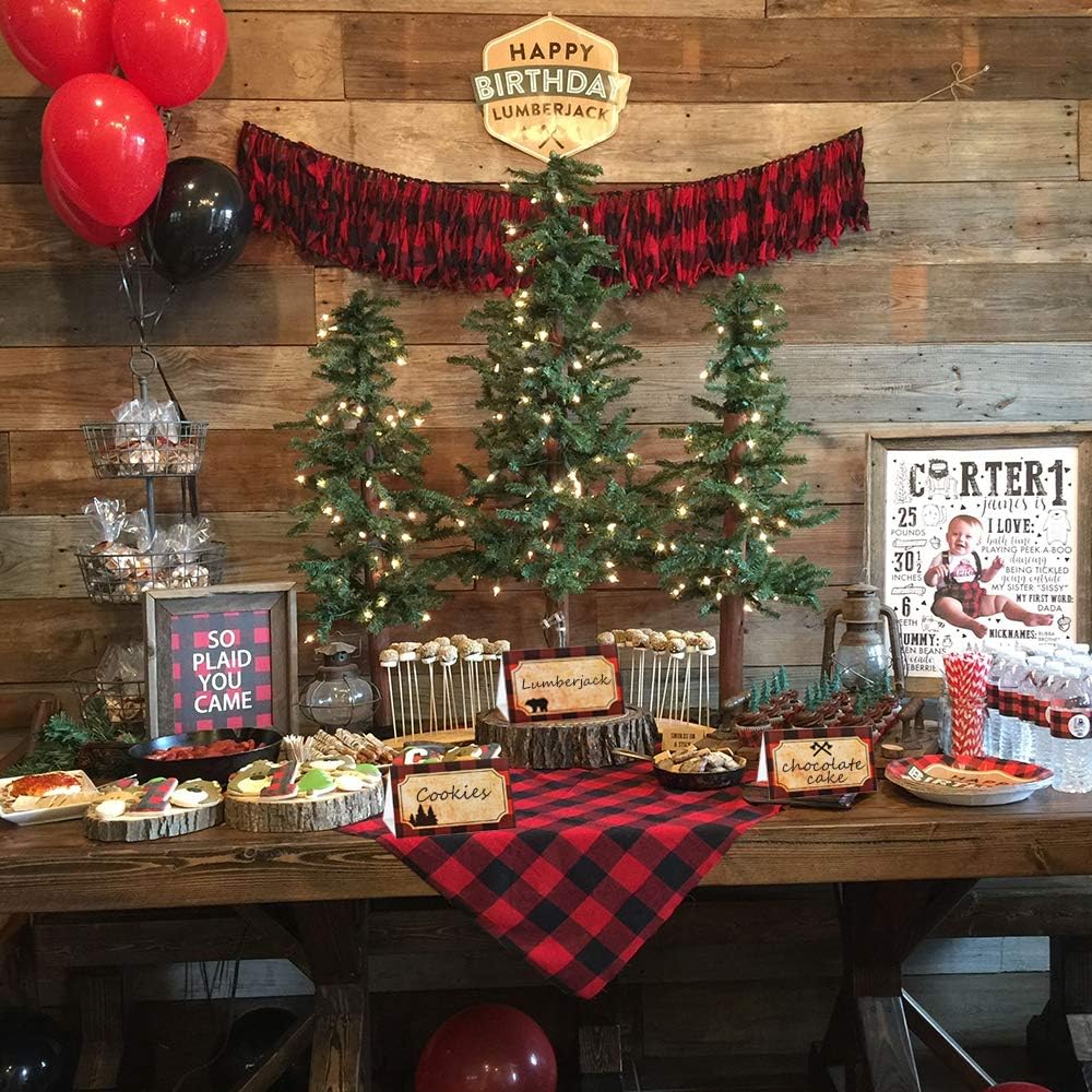 Lumberjack Party Place Cards | Lumberjack Buffalo Plaid Food Tents and Food Labels Decorations, Woodland Baby Shower Party Supplies