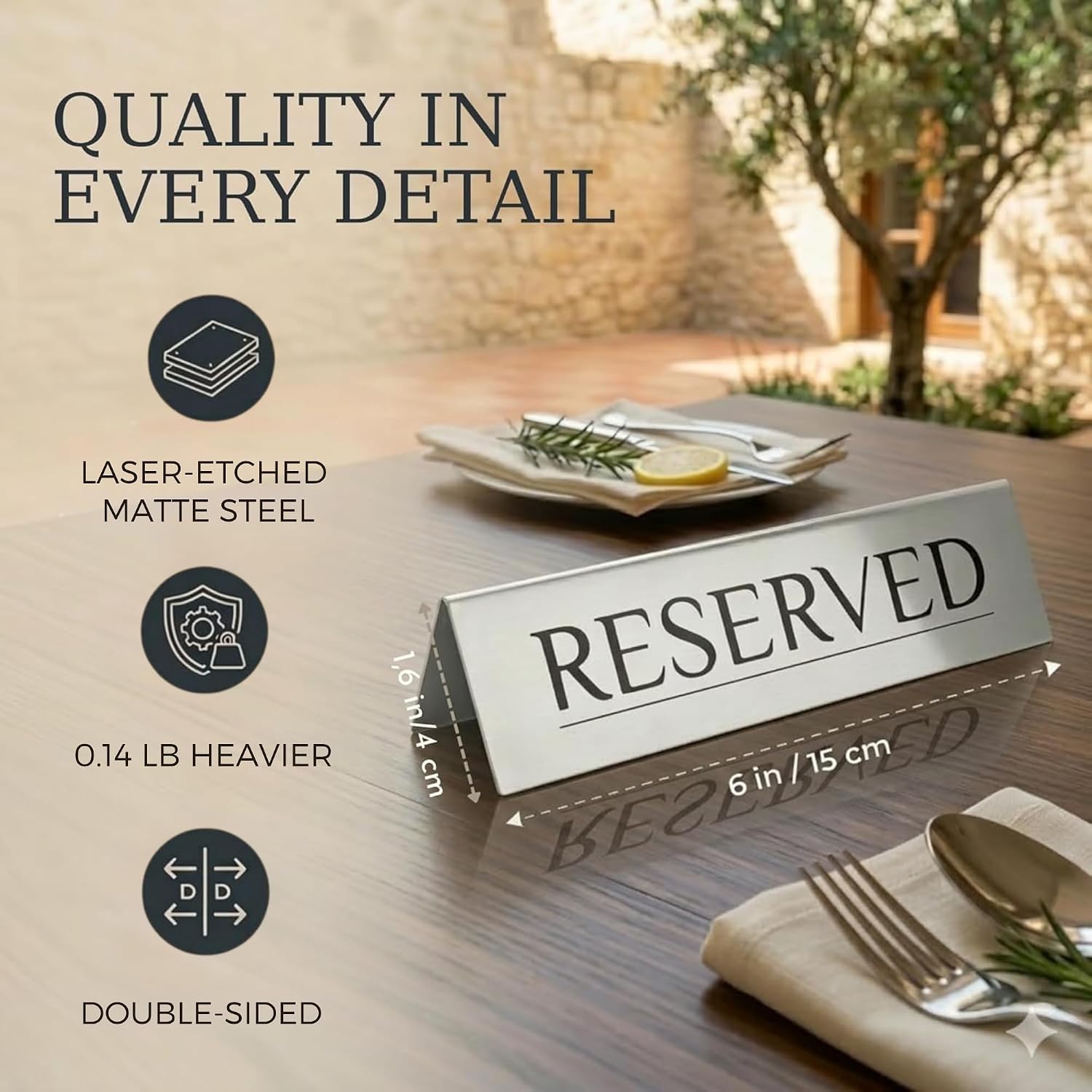 Reserved Table Signs Set of 6 | Raised Black Letters, Brushed Stainless Steel, Reusable Double-Sided | Reserved Seating Signs for Weddings, Restaurants, Church Pews, Events | 6×1.6 in