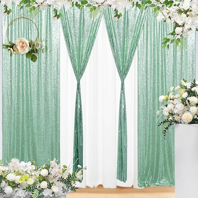 Eternal Beauty Sequin Backdrop Curtains, 2x8 Ft-2 Panels Mint Green Back Drop for Shimmer Photography Party Wedding Birthday Decor
