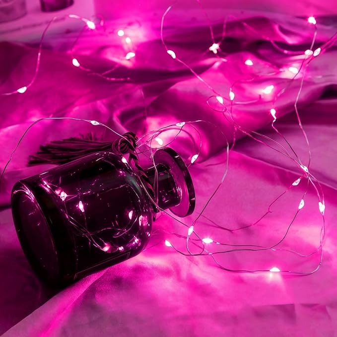 WATERGLIDE 12 Pack Fairy Lights Battery Operated (Included), 7 ft 20 LED Mini String Lights, Waterproof Silver Wire Firefly Starry Light for DIY Wedding Christmas Party Mason Jars Decor, Pink