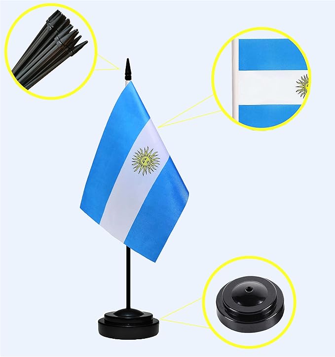 Argentina Argentine Deluxe Desk Flag Set Small Mini Miniature Argentina Argentine Table Desktop Flags With Solid Pole, Black Base and Spear Top(2 Pack)