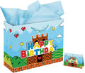 13" Large Super Brother Gift Bag Set with Greeting Card and Tissue Papers, Video Games Theme Happy Birthday Gift Bags for Birthday Party Celebration.