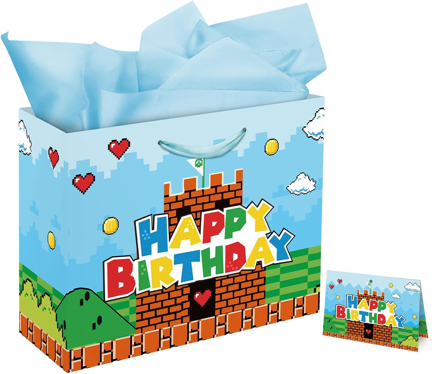 13" Large Super Brother Gift Bag Set with Greeting Card and Tissue Papers, Video Games Theme Happy Birthday Gift Bags for Birthday Party Celebration.