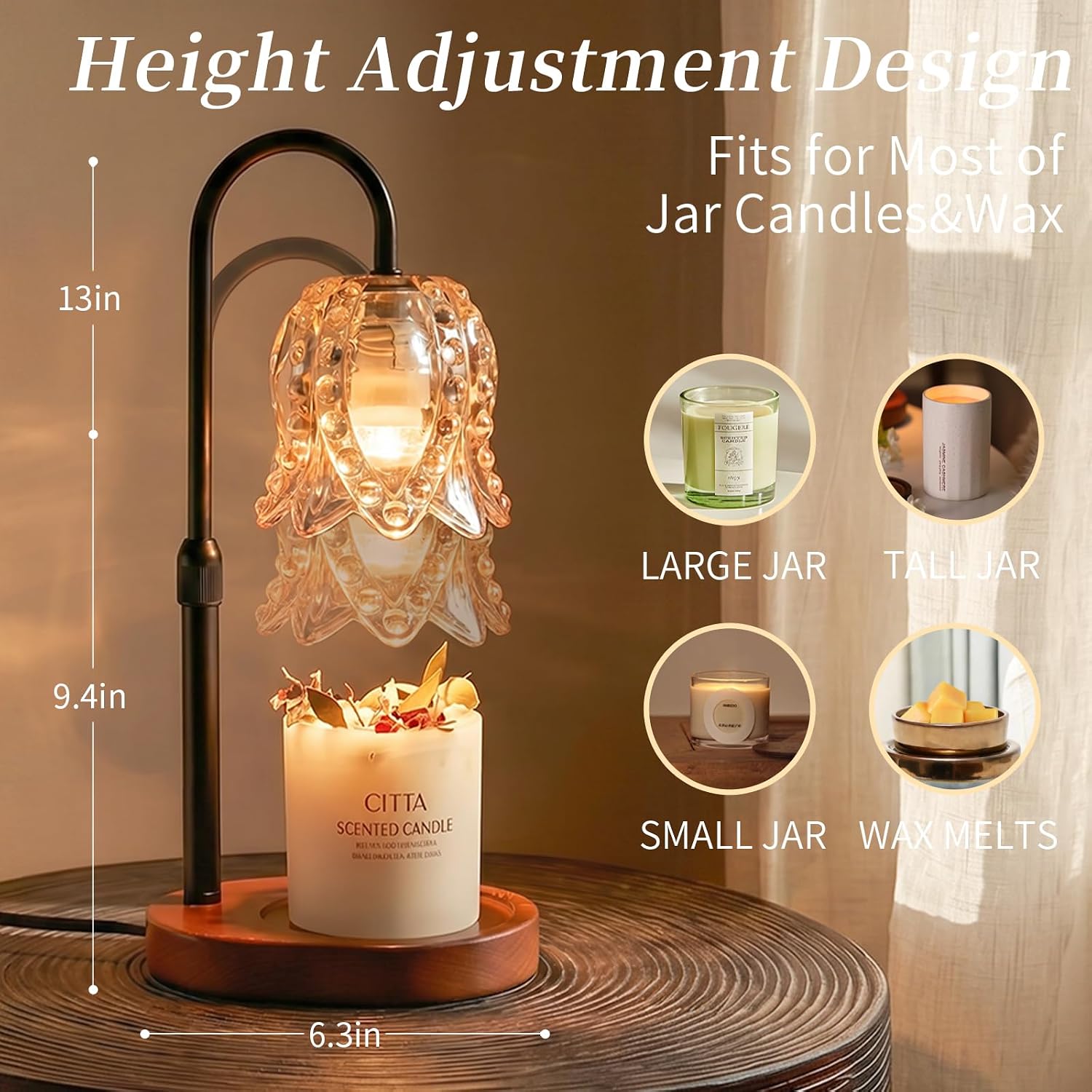 Candle Warmer Lamp for Jar Candles, Height Adjustable and Dimmable with Timer, Flame-Free Top-Down Wax Warmer Lamp, Gift for Women, Mom, Housewarming Gift, New Home Decor (B-Walnut)
