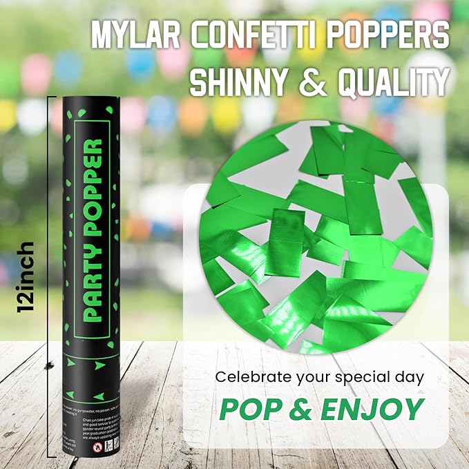 Party Poppers Confetti Cannon 12 Pack Green Poppers 12 Inch Party Shooters Mylar Confetti Green Foil Confetti Cannons Bulk for Wedding Birthday Graduation Baby Shower Christmas New Year