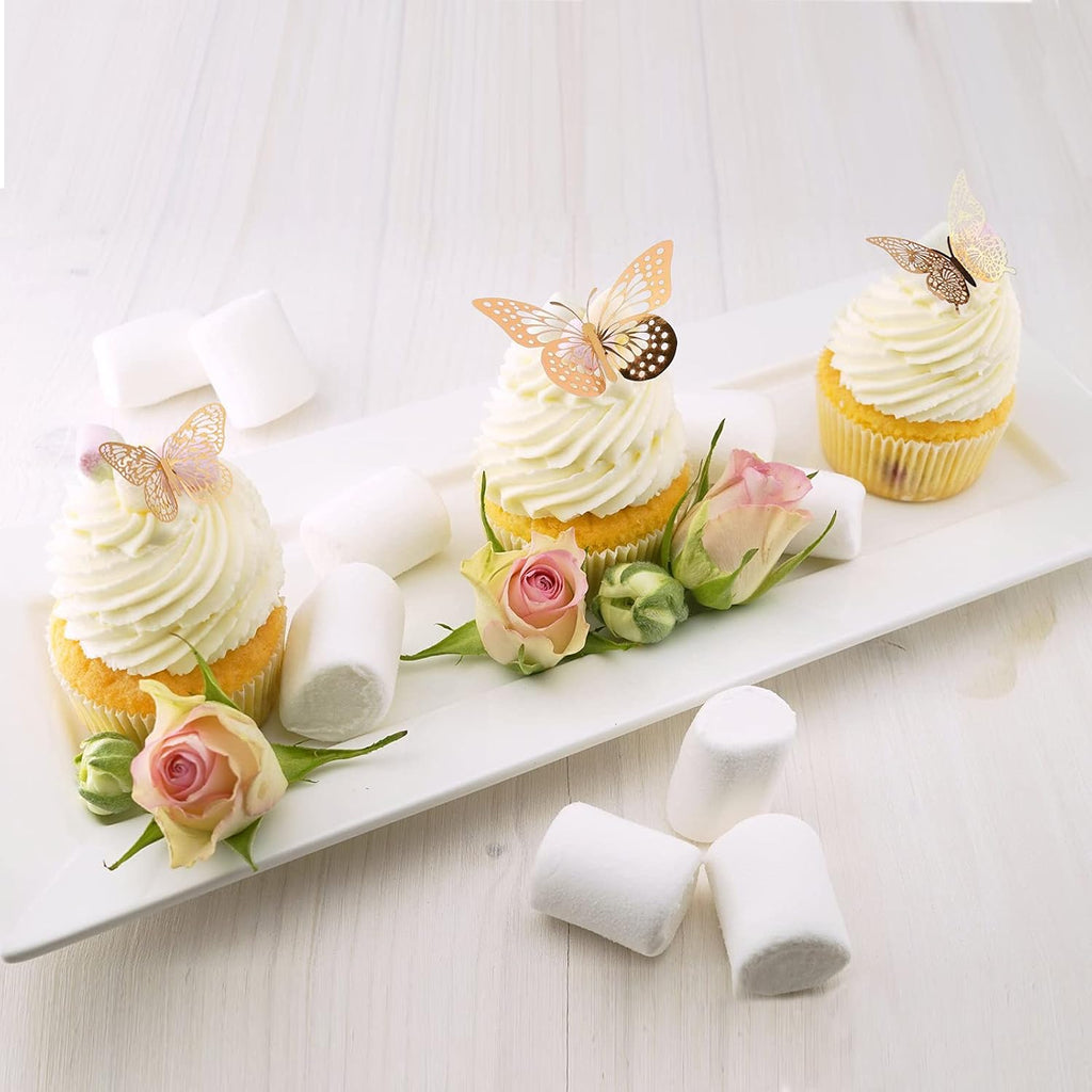 VEGCOO 48PCS Gold 3D Butterfly Cupcake Toppers, Hollow Buterfly Party Cake Decoration Butterfly Stickers for Birthday Wedding Party/Wall Decoration
