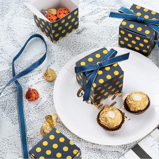 Navy Blue Gift Candy Box with Gold Dots Bulk 2x2x2 inches with Ribbon Party Favor Box for Birthday Graduation Party, Gold Dots,Pack of 50