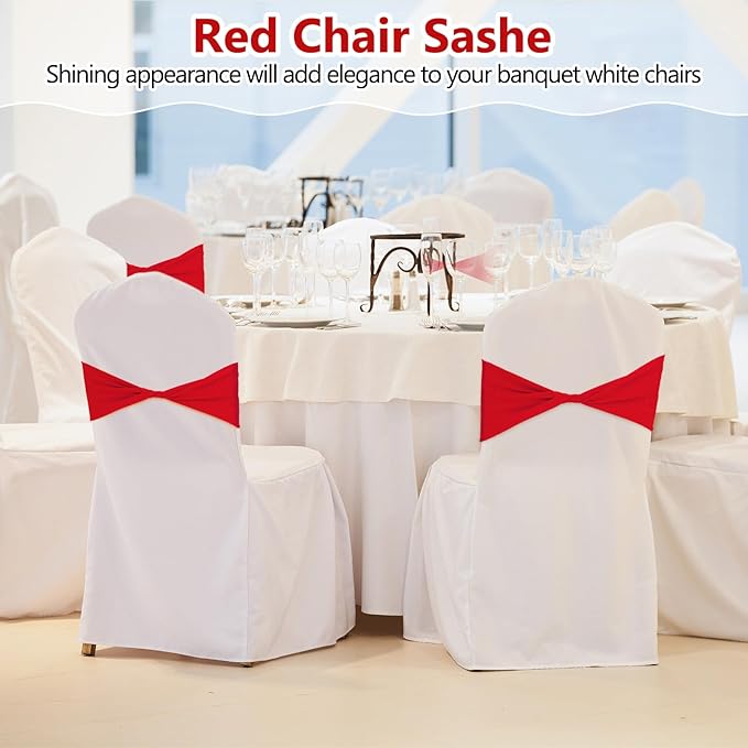 Kinlop 50 Pcs Spandex Chair Sashes Bows Chair Bands Slider Sashes for Covers Elastic Bands Ties Without Buckle Decorations for Wedding Party Events Ceremony Birthday(Red)