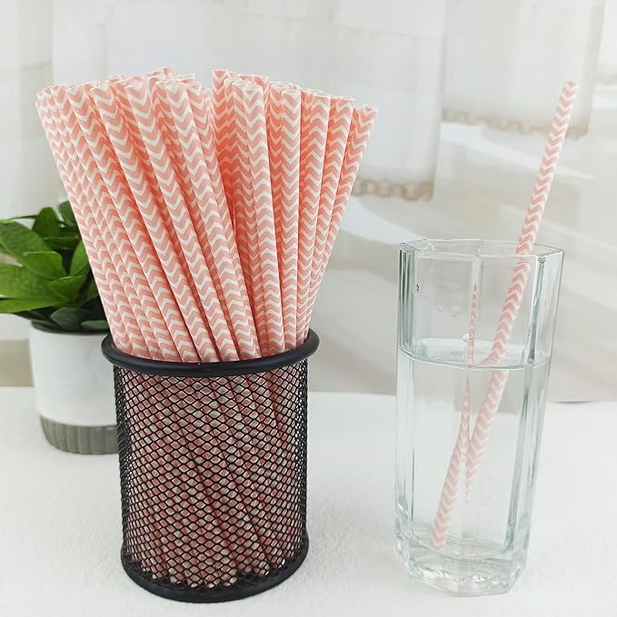 YAOSHENG Premium Disposable Waves Striped Drinking Paper Straws, Pack 100 Pink Waves Paper Straws for Cocktail Party Supplies,Birthday,Bridal/Baby Shower,Juice,Shakes (Pink Waves)