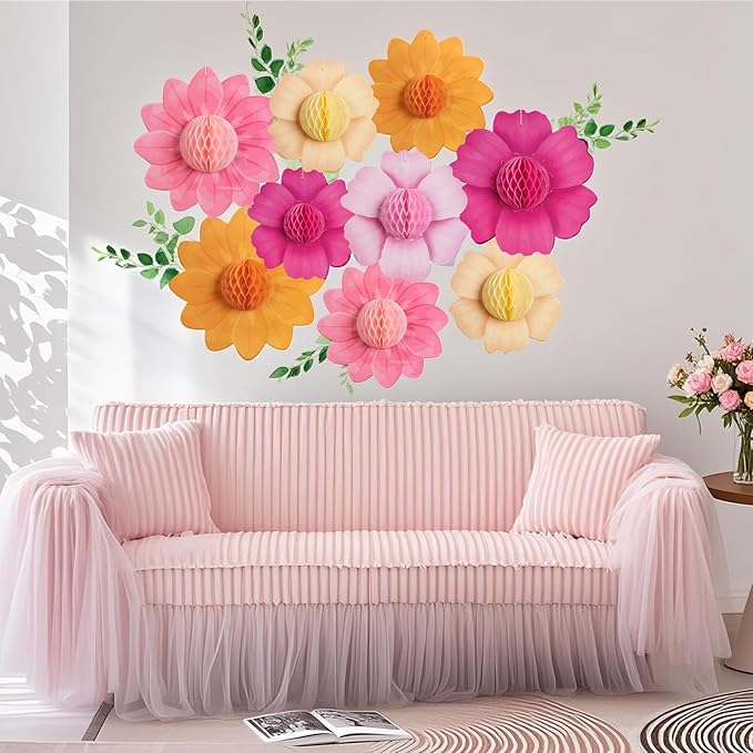SUNBEAUTY 9 PCS Hot Pink and Orange Party Decorations Fall Large Hanging Paper Flowers Honeycomb Tissue Fiesta Sunset Autumn Decor for Birthday Thanksgiving Wedding Bridal Baby Shower Backdrop Wall