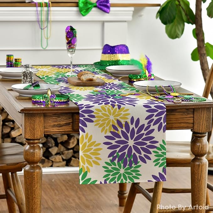 Artoid Mode Purple Dahlia Floral Pinnata Mardi Gras Table Runner, Carnival Seasonal Kitchen Dining Table Decoration for Home Party Decor 13x72 Inch