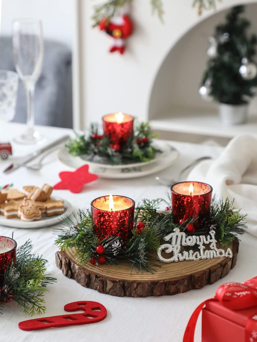 Christmas Candle Ring, 4 Pcs Votive Candle with Red Berry Pinecone, Xmas Ring Candle for Table Centerpiece Decoration Wedding Holiday,Red