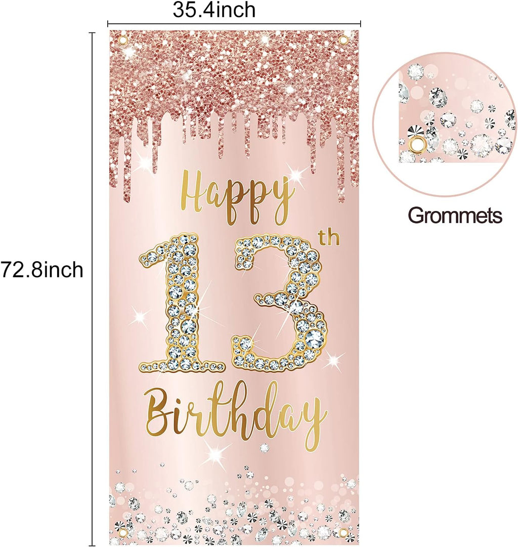 Happy 13th Birthday Door Banner Backdrop Decorations for Girls, Pink Rose Gold 13 Birthday Party Door Cover Sign Supplies, Thirteenth Year Old Birthday Poster Background Photo Booth Props Decor